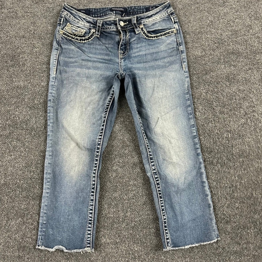 Vigoss Capri Jeans Womens Size 8 Blue Heritage Fit Raw Hem Embellished Stretch